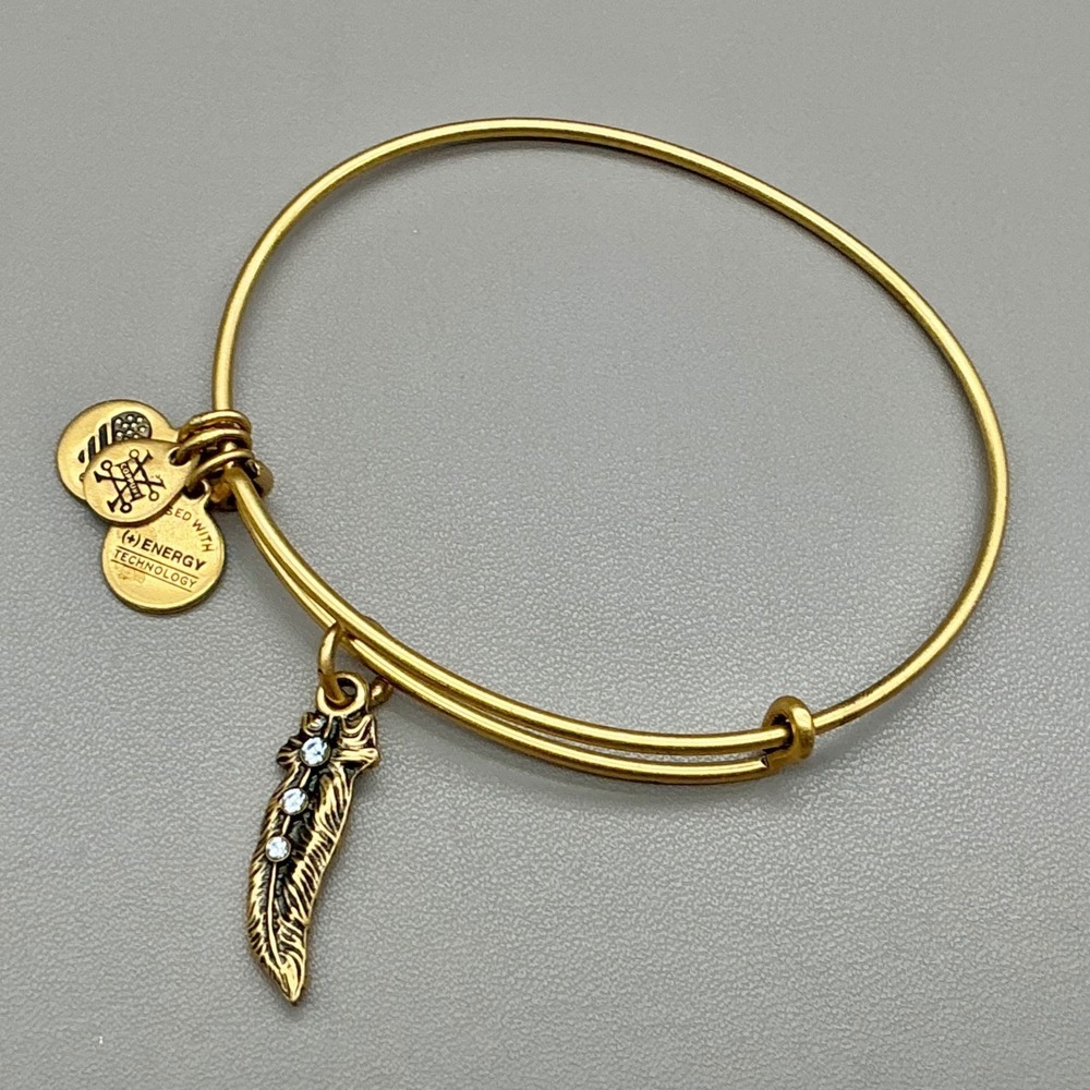 Alex and Ani Bracelet Womens Gold Tone Feather Charm Crystal Bangle 7-8 Inch